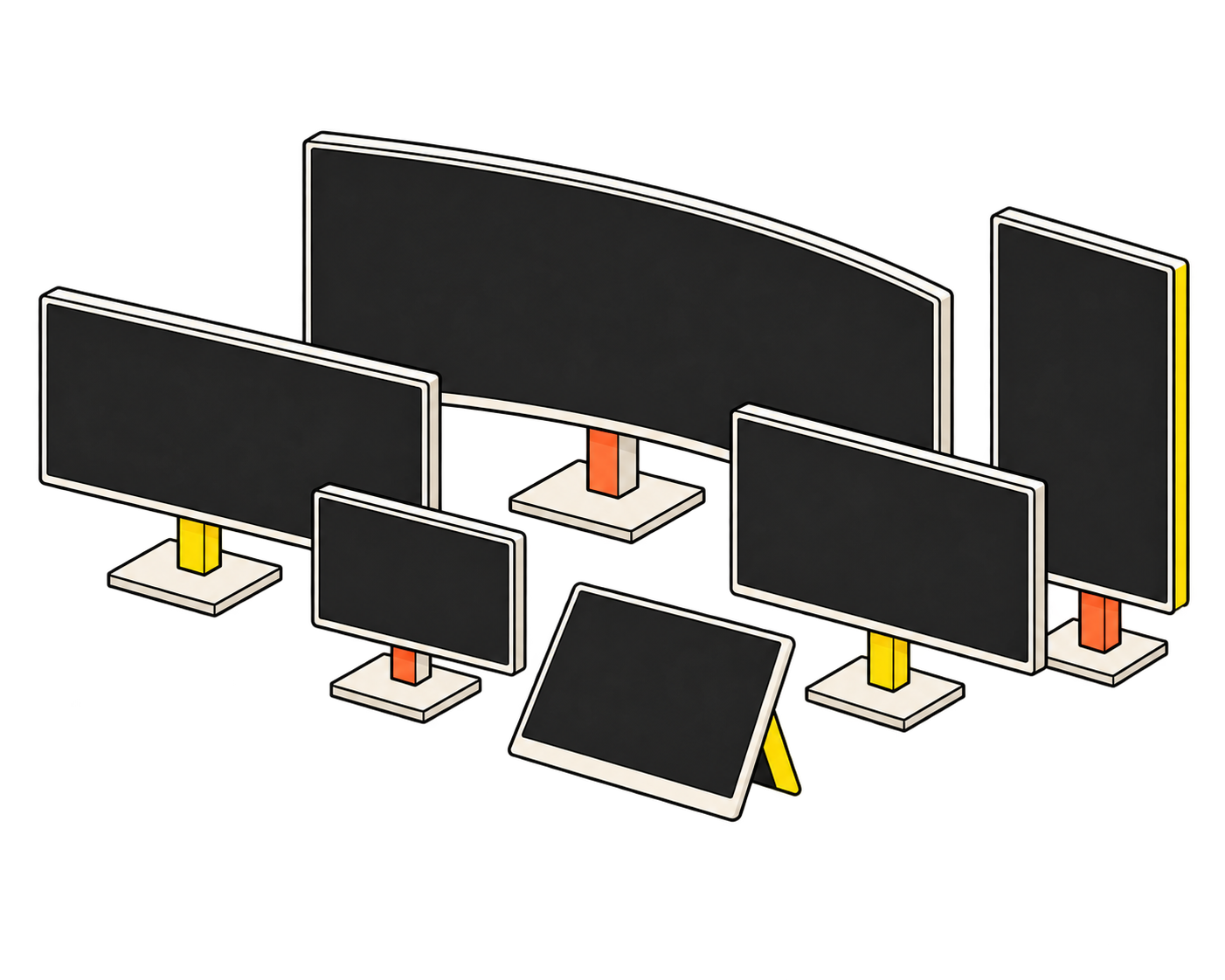 Illustrated collection of monitors in landscape, portrait and portable formats