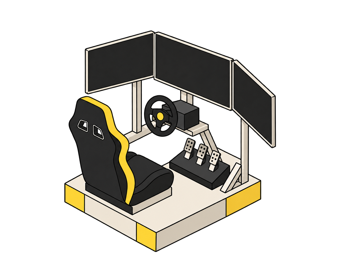 Supplied racing simulator illustration with three screens, steering wheel, pedals and seat