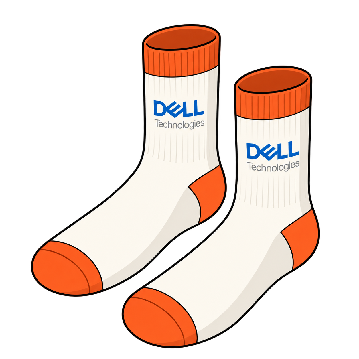 Pair of cream Dell Technologies socks with orange cuffs, heels and toes